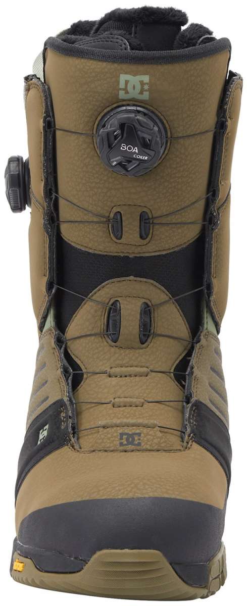 DC Judge BOA Snowboard Boots 2024 - A pair of tan snowboard boots with a black logo on the side and a round, black dial on the front.