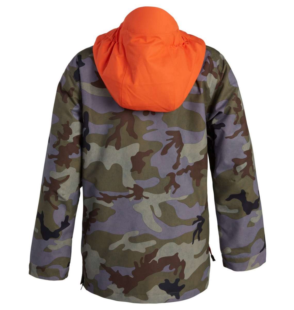 DC Junior's ASAP Anorak Jacket 2022 - A camouflage-printed jacket with a hood and zippered pockets, featuring a vibrant orange lining visible through the mesh material.