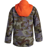 DC Junior's ASAP Anorak Jacket 2022 - A camouflage-printed jacket with a hood and zippered pockets, featuring a vibrant orange lining visible through the mesh material.