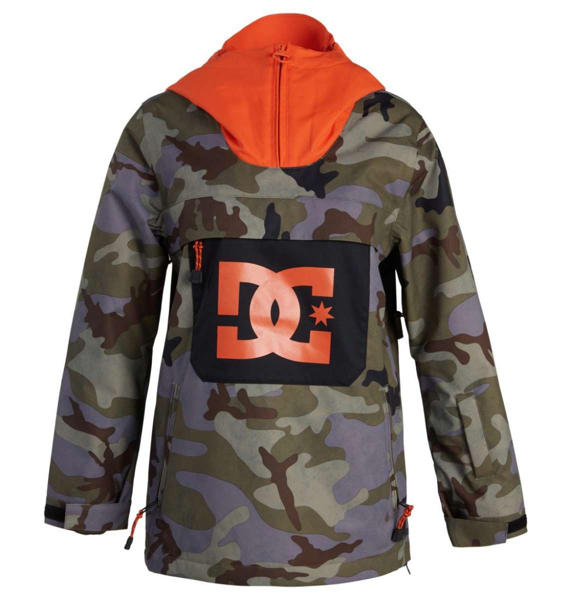 DC Junior's ASAP Anorak Jacket 2022 - A camouflage jacket with a black and orange logo on the front, featuring an orange hood.