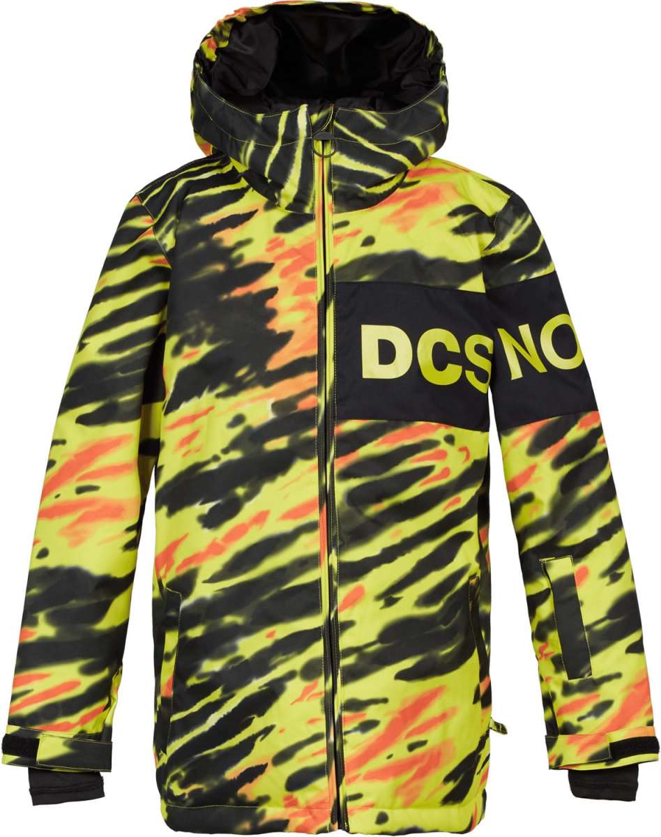 DC Youth Propaganda Jacket 2022 - A neon yellow jacket with a black and orange abstract pattern, featuring a hood and zip closure.