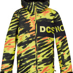 DC Youth Propaganda Jacket 2022 - A neon yellow jacket with a black and orange abstract pattern, featuring a hood and zip closure.