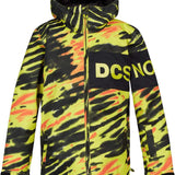 DC Youth Propaganda Jacket 2022 - A neon yellow jacket with a black and orange abstract pattern, featuring a hood and zip closure.