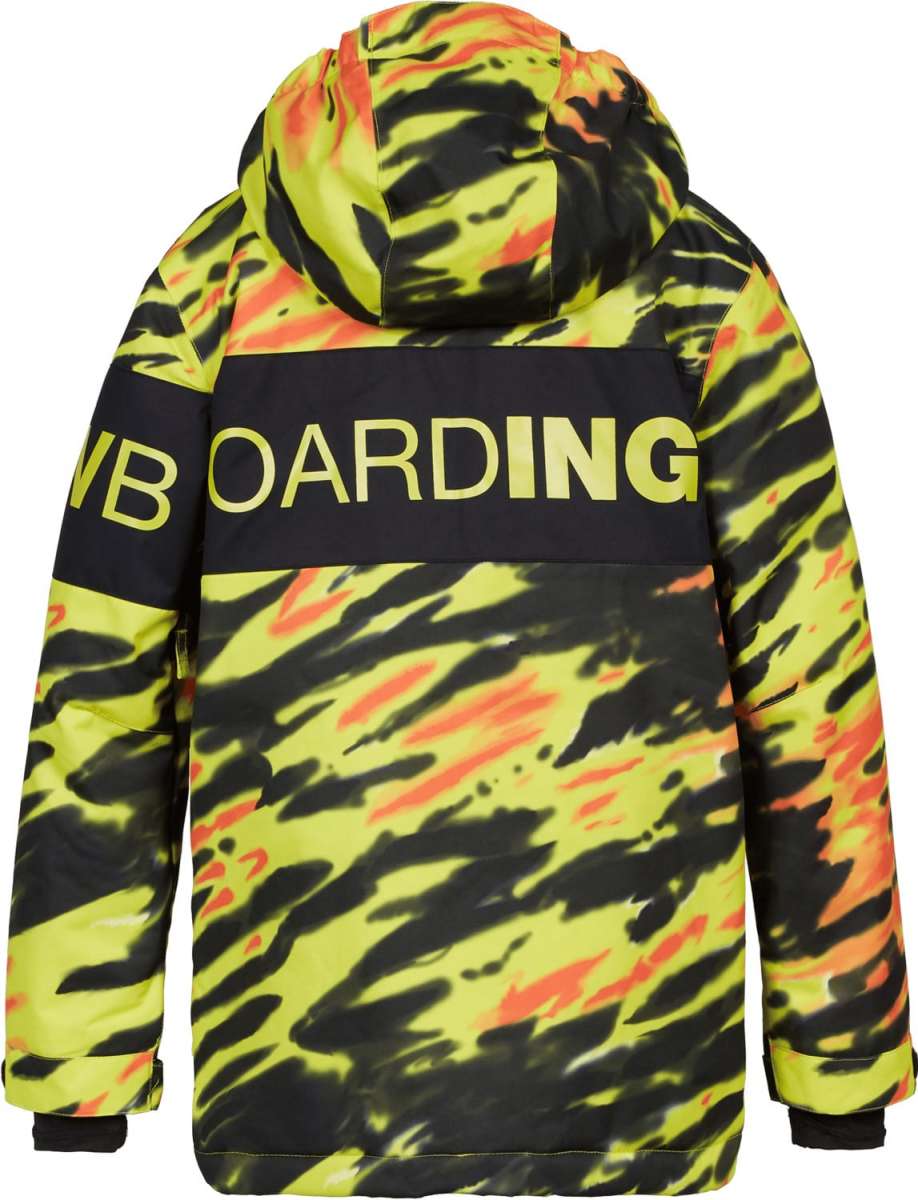 DC Youth Propaganda Jacket 2022 - A neon yellow jacket with a black stripe across the chest and a hood, featuring a camouflage pattern of orange and black stripes.