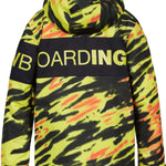 DC Youth Propaganda Jacket 2022 - A neon yellow jacket with a black stripe across the chest and a hood, featuring a camouflage pattern of orange and black stripes.