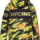 DC Youth Propaganda Jacket 2022 - A neon yellow jacket with a black stripe across the chest and a hood, featuring a camouflage pattern of orange and black stripes.