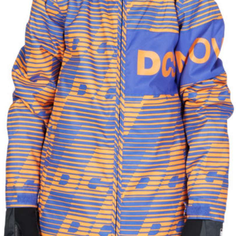 DC Juniors Propaganda Insulated Jacket 2023 - A blue and orange striped jacket with a hood, featuring a large "DC" logo on the chest in orange letters.