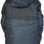 DC Juniors Propaganda Insulated Jacket 2023 - A navy blue jacket with a subtle white stripe pattern and a hood, worn by a model from behind.