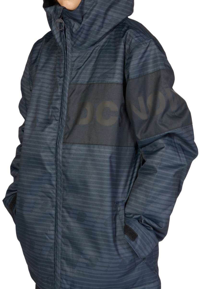 DC Juniors Propaganda Insulated Jacket 2023 - A black and grey striped jacket with a hood, featuring a zipper down the front.