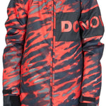 DC Juniors Propaganda Insulated Jacket 2023 - A black and red camouflage patterned jacket with a hood, featuring a large "DC" logo on the chest in red letters.