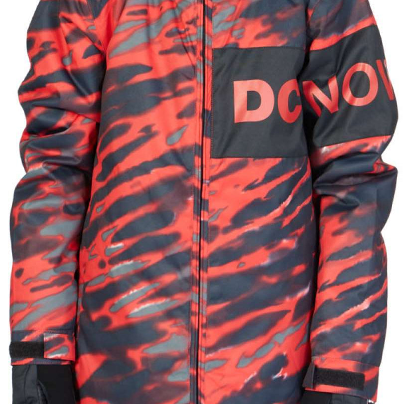 DC Juniors Propaganda Insulated Jacket 2023 - A black and red camouflage patterned jacket with a hood, featuring a large "DC" logo on the chest in red letters.