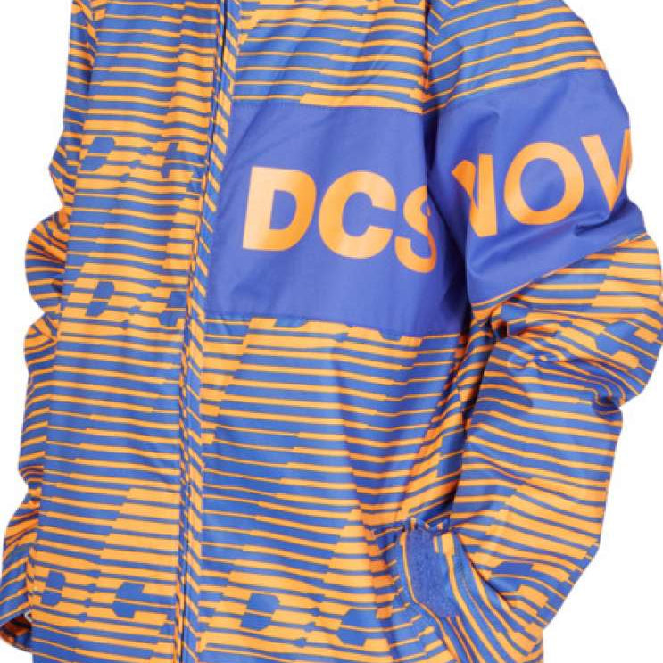 DC Juniors Propaganda Insulated Jacket 2023 - A blue and orange striped jacket with a hood, featuring a large "DC" logo on the chest in orange.