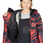 DC Juniors Propaganda Insulated Jacket 2023 - A black and red camouflage patterned jacket with a hood, featuring a zippered front and adjustable cuffs.
