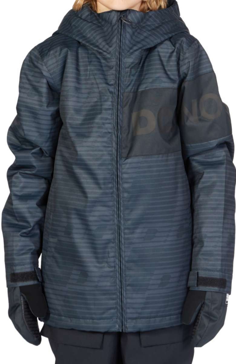 DC Juniors Propaganda Insulated Jacket 2023 - A black and grey striped jacket with a hood, featuring a zipper down the front.
