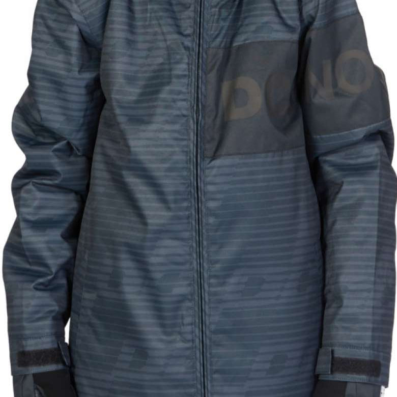 DC Juniors Propaganda Insulated Jacket 2023 - A black and grey striped jacket with a hood, featuring a zipper down the front.