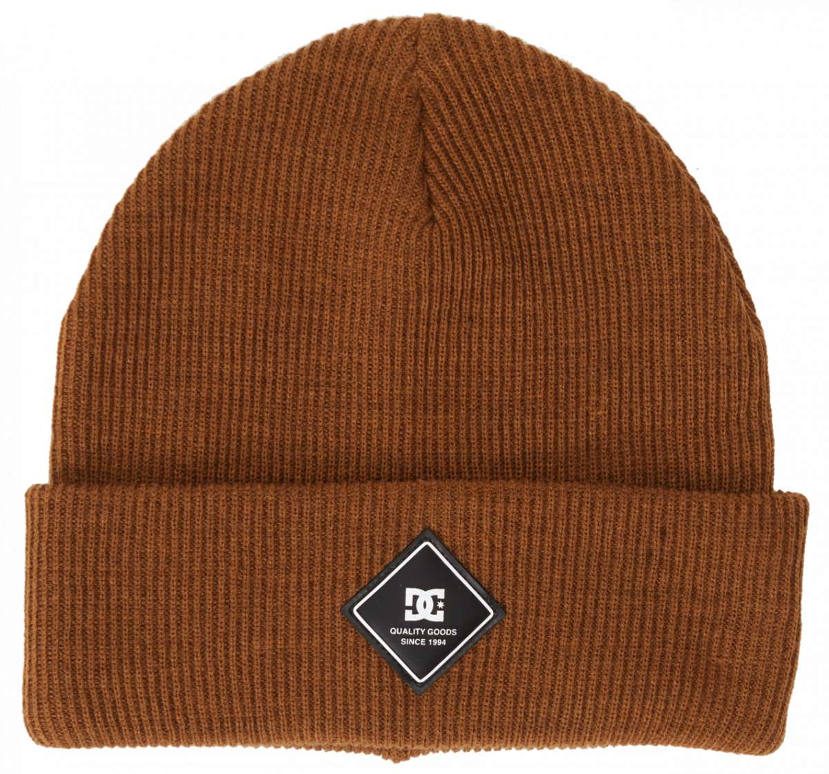 DC Label Beanie 2024 - A brown beanie with a black label featuring the DC logo in white.