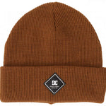 DC Label Beanie 2024 - A brown beanie with a black label featuring the DC logo in white.