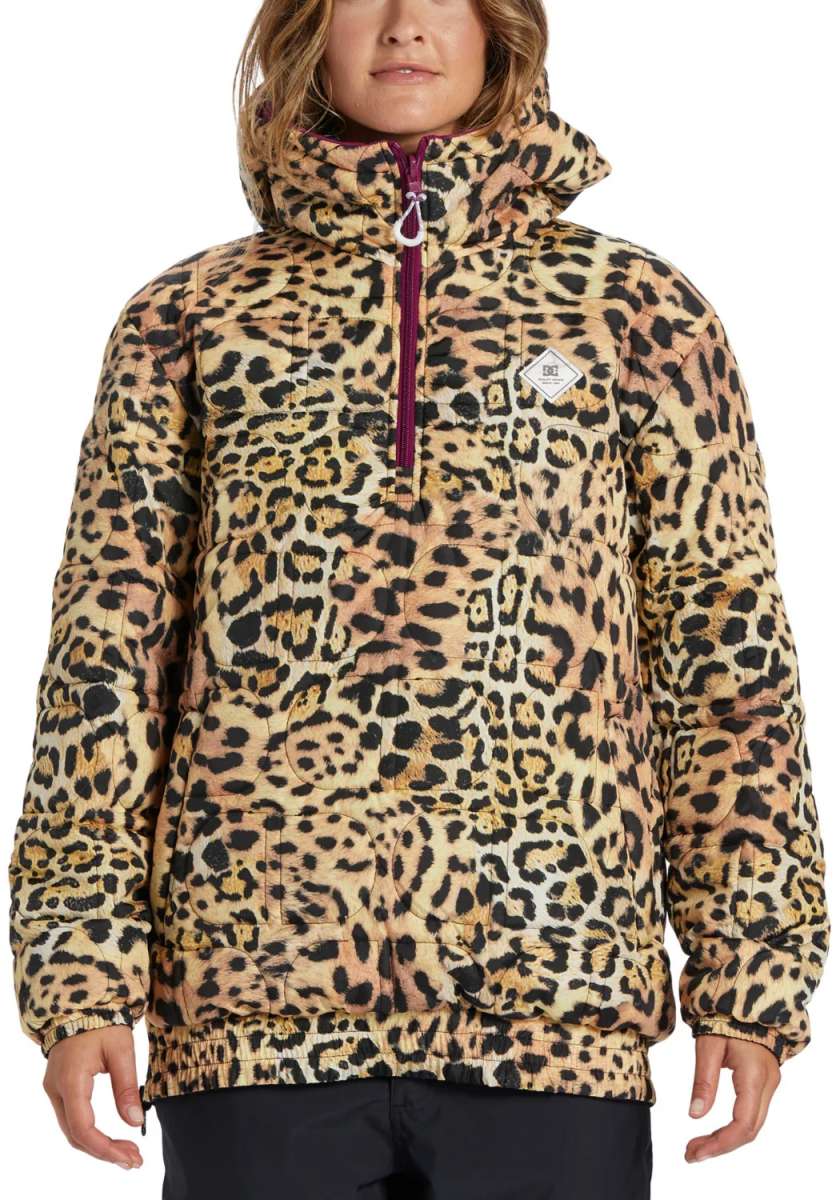DC Women's Nexus Reversible Anorak Jacket 2024 - A leopard print jacket with a purple zipper and hood.