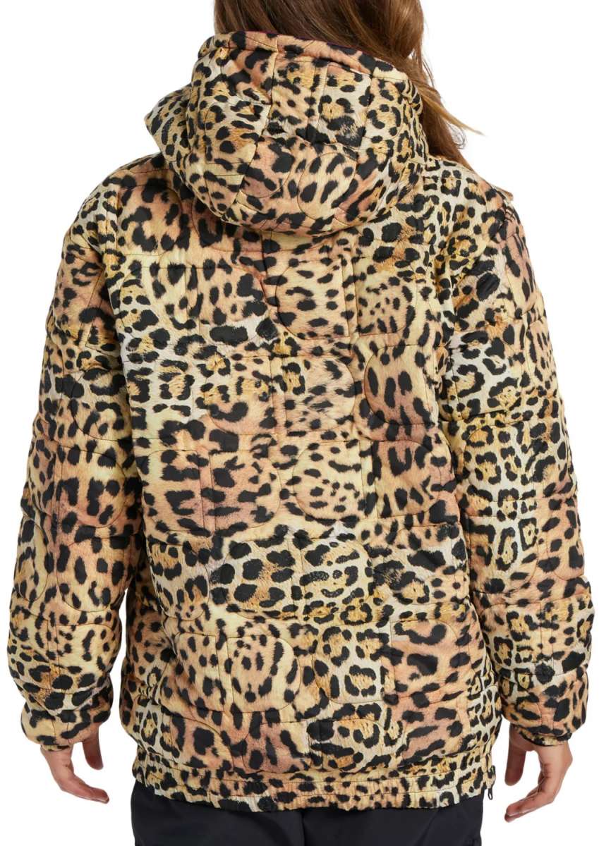 DC Women's Nexus Reversible Anorak Jacket 2024 - A black and white leopard print jacket with a hood, worn by a model from behind.