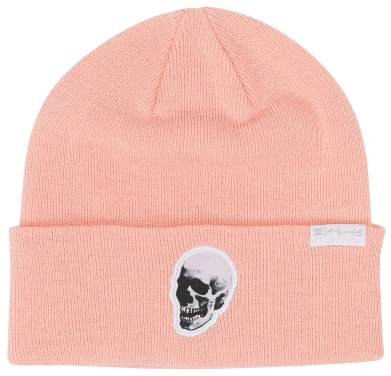 DC Women's Andy Warhol Label Beanie 2024 - A light pink beanie with a black and white Andy Warhol skull logo on the front.