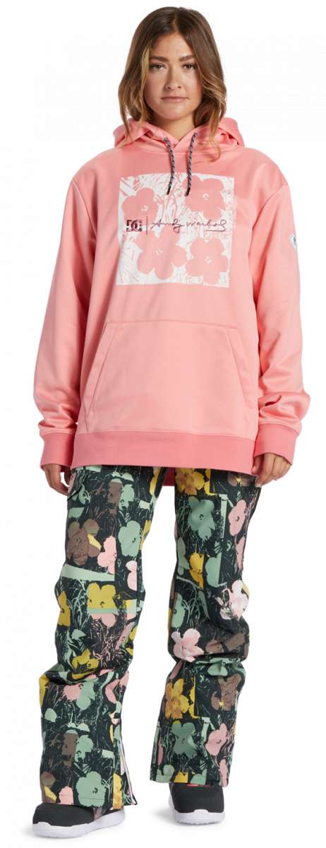 DC Women's AW Snowstar Fleece Hoodie 2024 - A pink hoodie with a white logo on the chest and a drawstring hood.