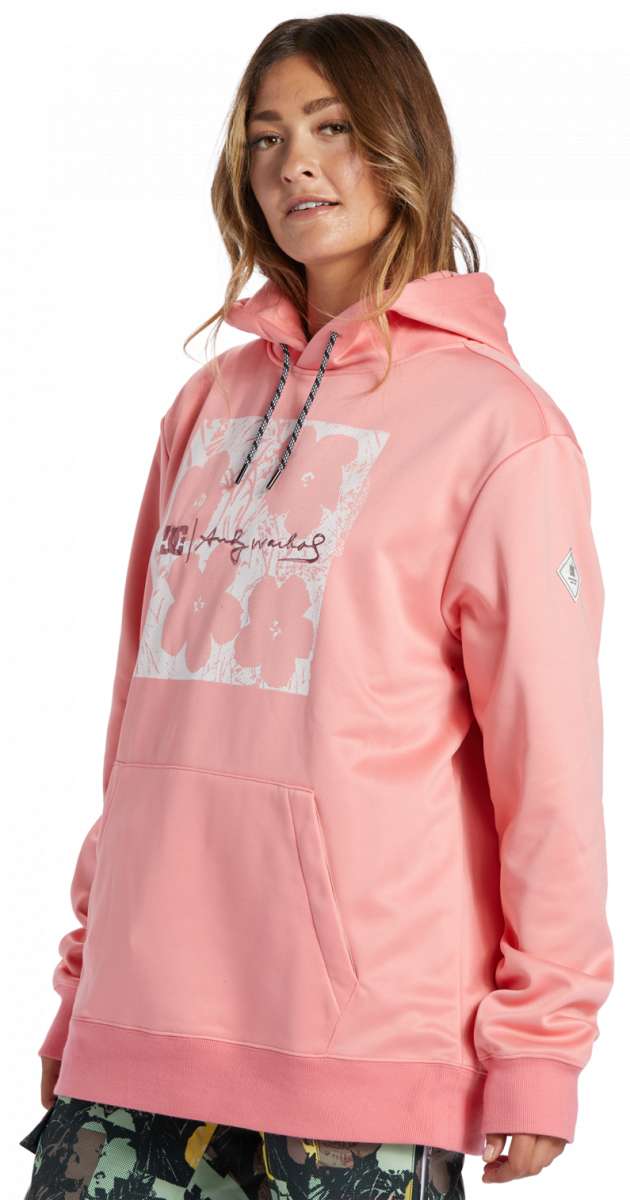 DC Women's AW Snowstar Fleece Hoodie 2024 - A pink hoodie with a white and grey floral design on the chest area.