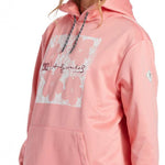 DC Women's AW Snowstar Fleece Hoodie 2024 - A pink hoodie with a white and grey floral design on the chest area.