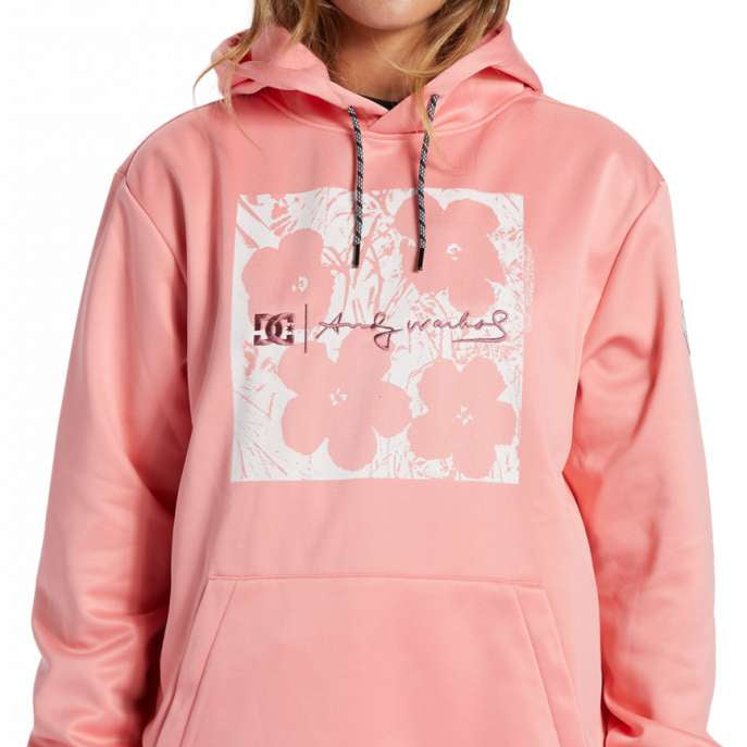 DC Women's AW Snowstar Fleece Hoodie 2024 - A pink hoodie with a white and pink floral design on the chest area.