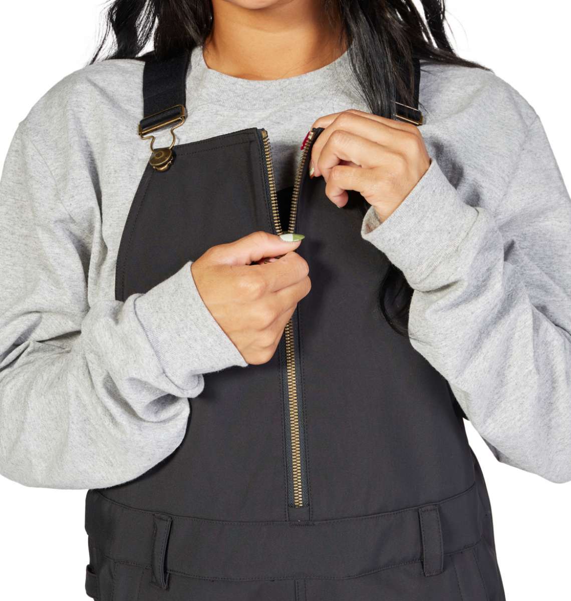 DC Women's Collective Shell Bib 2023 - Black bib overalls with a zippered front and adjustable straps.