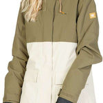 DC Women's Cruiser Insulated Jacket 2023 - A green, white and grey jacket with a hood, zippered pockets, and a drawstring waist.