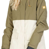 DC Women's Cruiser Insulated Jacket 2023 - A green, white and grey jacket with a hood, zippered pockets, and a drawstring waist.