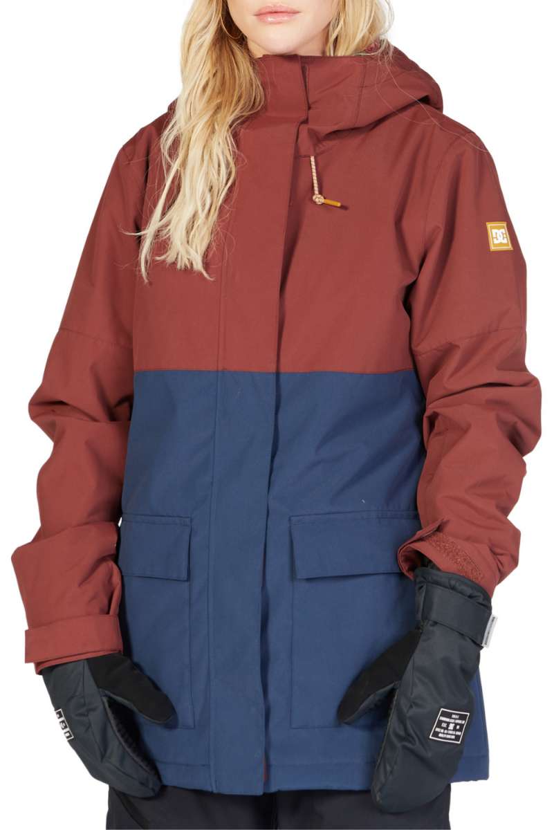 DC Women's Cruiser Insulated Jacket 2023 - A red, blue and black jacket with a hood and zippered pockets.