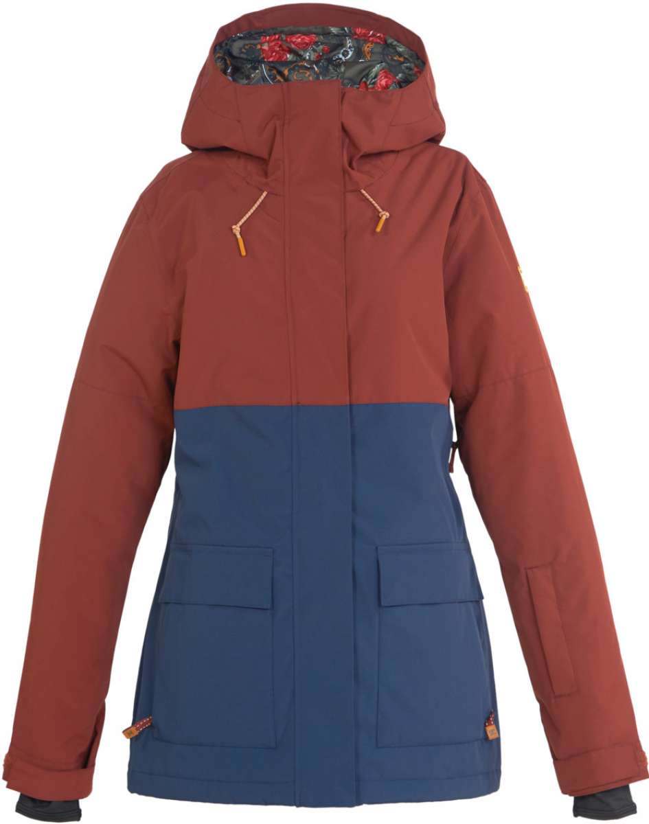 DC Women's Cruiser Insulated Jacket 2023 - A brown jacket with a hood and zippered pockets, featuring a floral pattern on the inside of the hood.