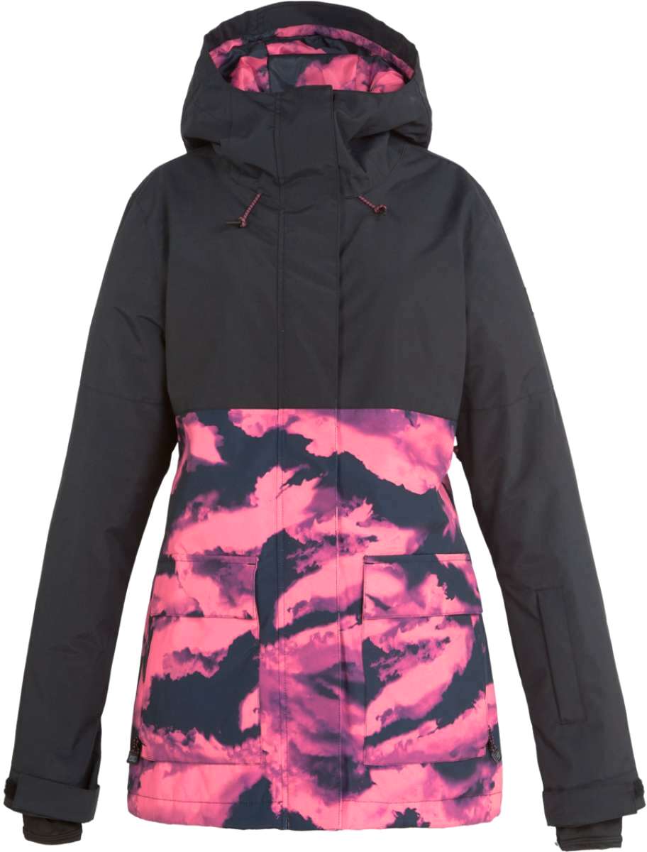 DC Women's Cruiser Insulated Jacket 2023 - A black jacket with a pink and grey abstract pattern on the lower half of the front, back, and hood lining.