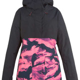 DC Women's Cruiser Insulated Jacket 2023 - A black jacket with a pink and grey abstract pattern on the lower half of the front, back, and hood lining.