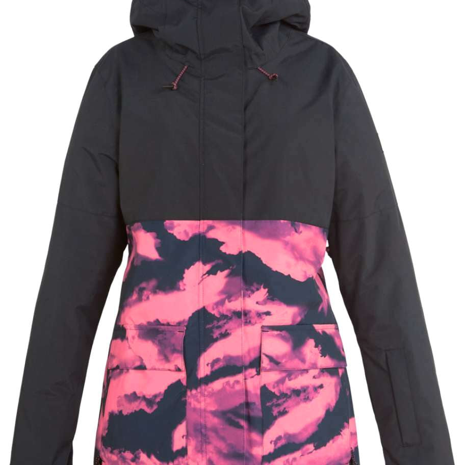 DC Women's Cruiser Insulated Jacket 2023 - A black jacket with a pink and grey abstract pattern on the lower half of the front, back, and hood lining.
