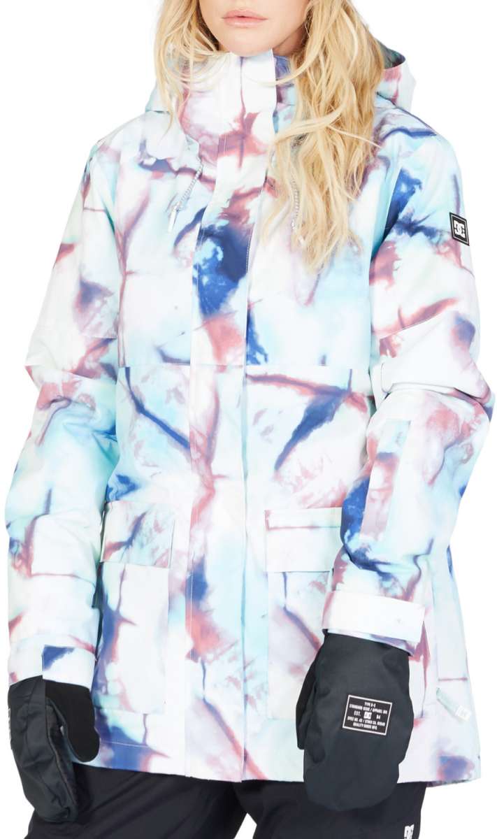 DC Women's Cruiser Insulated Jacket 2023 - A white jacket with a pink and blue tie-dye pattern, featuring a hood and zippered pockets.