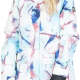 DC Women's Cruiser Insulated Jacket 2023 - A white jacket with a pink and blue tie-dye pattern, featuring a hood and zippered pockets.