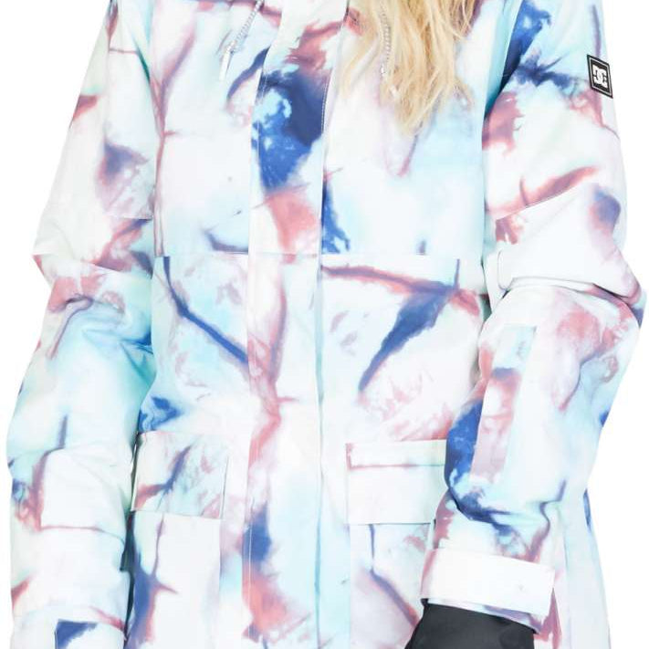 DC Women's Cruiser Insulated Jacket 2023 - A white jacket with a pink and blue tie-dye pattern, featuring a hood and zippered pockets.