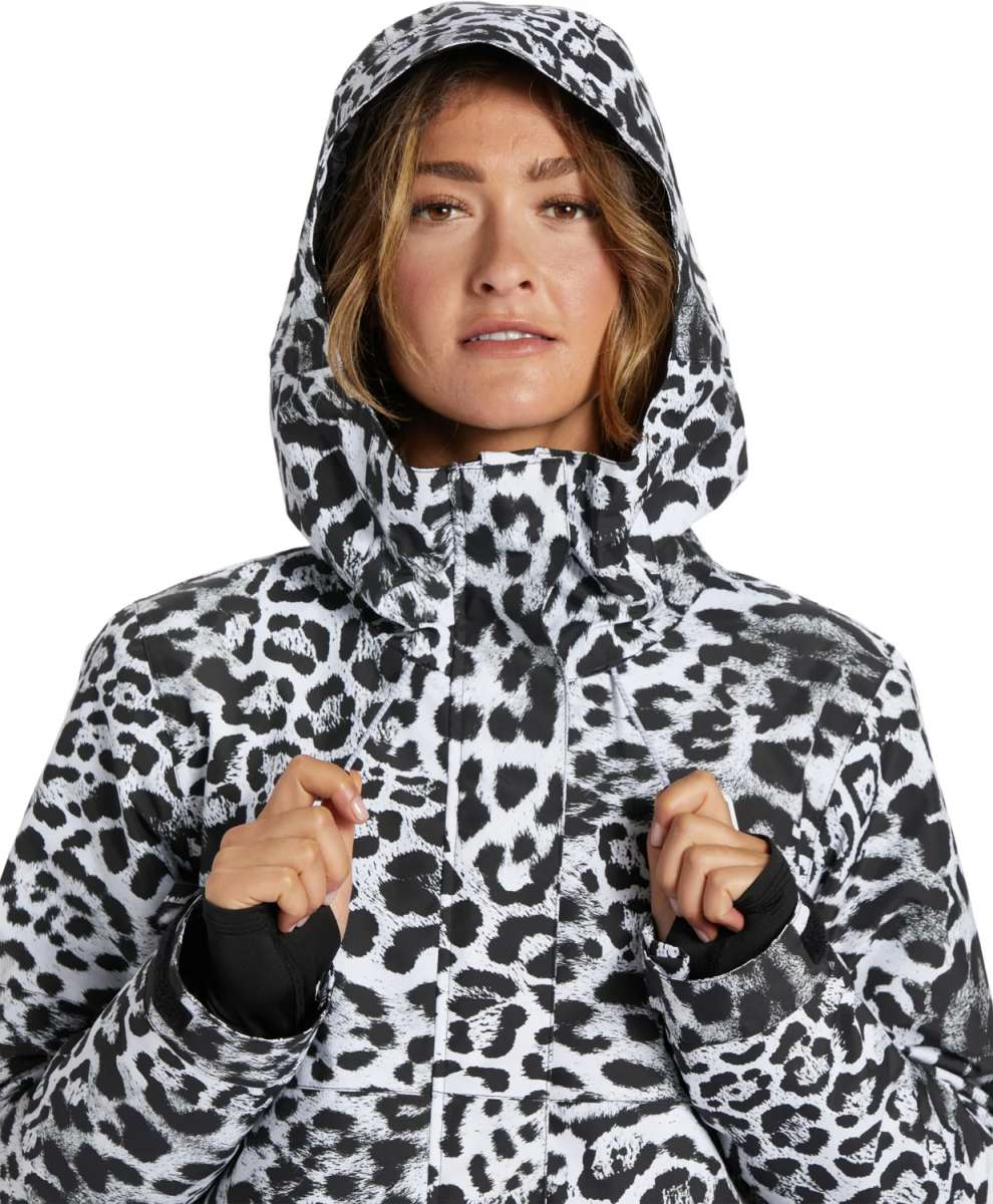 DC Women's Cruiser Insulated Jacket 2024 - A black insulated jacket with a zippered front and hood, featuring a snow leopard pattern on white fabric.