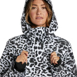DC Women's Cruiser Insulated Jacket 2024 - A black insulated jacket with a zippered front and hood, featuring a snow leopard pattern on white fabric.