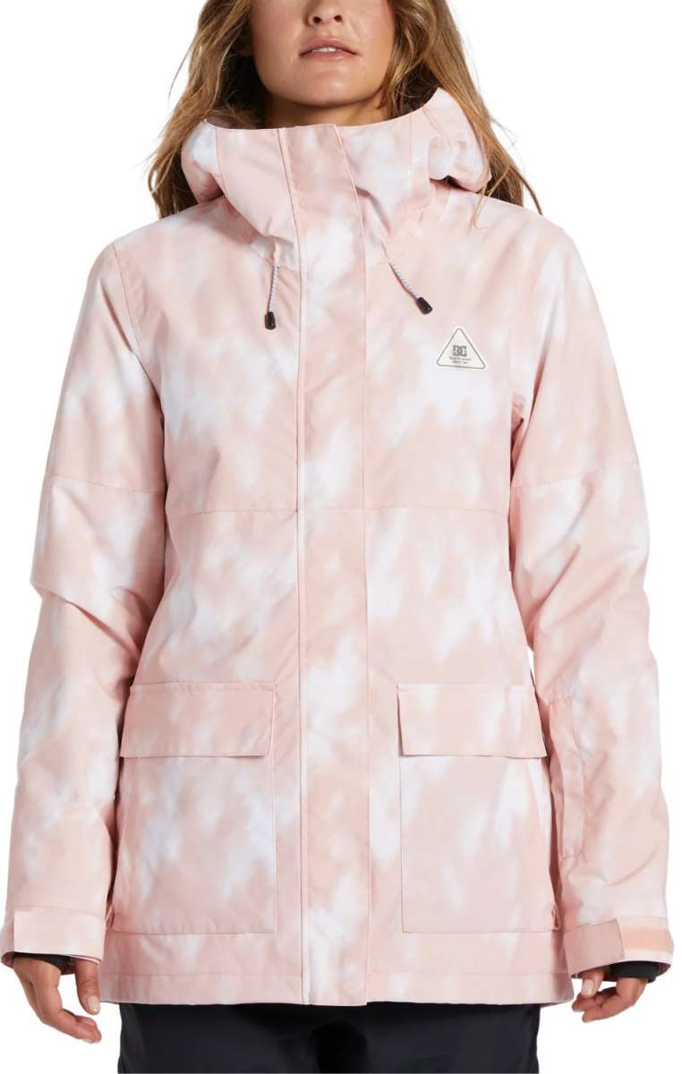 DC Women's Cruiser Insulated Jacket 2024 - A light pink jacket with a subtle white pattern and a hood, featuring black drawstrings.