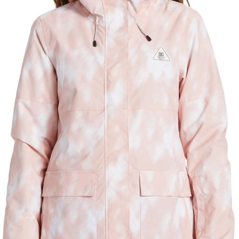 DC Women's Cruiser Insulated Jacket 2024 - A light pink jacket with a subtle white pattern and a hood, featuring black drawstrings.