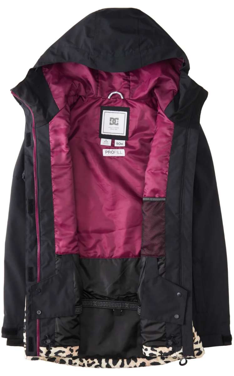 DC Women's Cruiser Insulated Jacket 2024 - A black jacket with a hood, featuring a leopard print trim along the hem and cuffs.