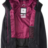 DC Women's Cruiser Insulated Jacket 2024 - A black jacket with a hood, featuring a leopard print trim along the hem and cuffs.