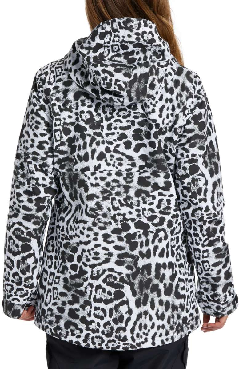 DC Women's Cruiser Insulated Jacket 2024 - A black and white leopard print jacket with a hood, worn by a model from behind.