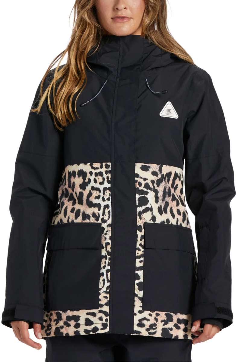 DC Women's Cruiser Insulated Jacket 2024 - A black jacket with a leopard print pattern on the lower portion of the front and back.