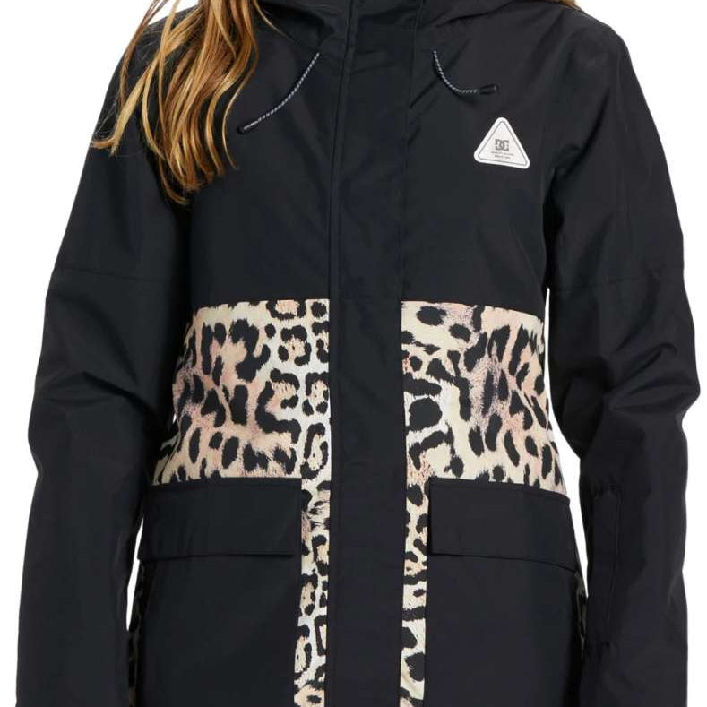 DC Women's Cruiser Insulated Jacket 2024 - A black jacket with a leopard print pattern on the lower portion of the front and back.