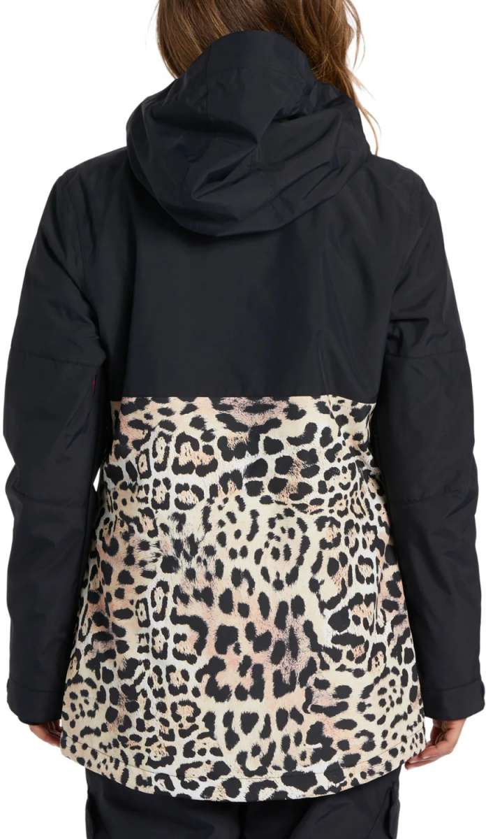 DC Women's Cruiser Insulated Jacket 2024 - A black jacket with a leopard print design on the lower half of the back.