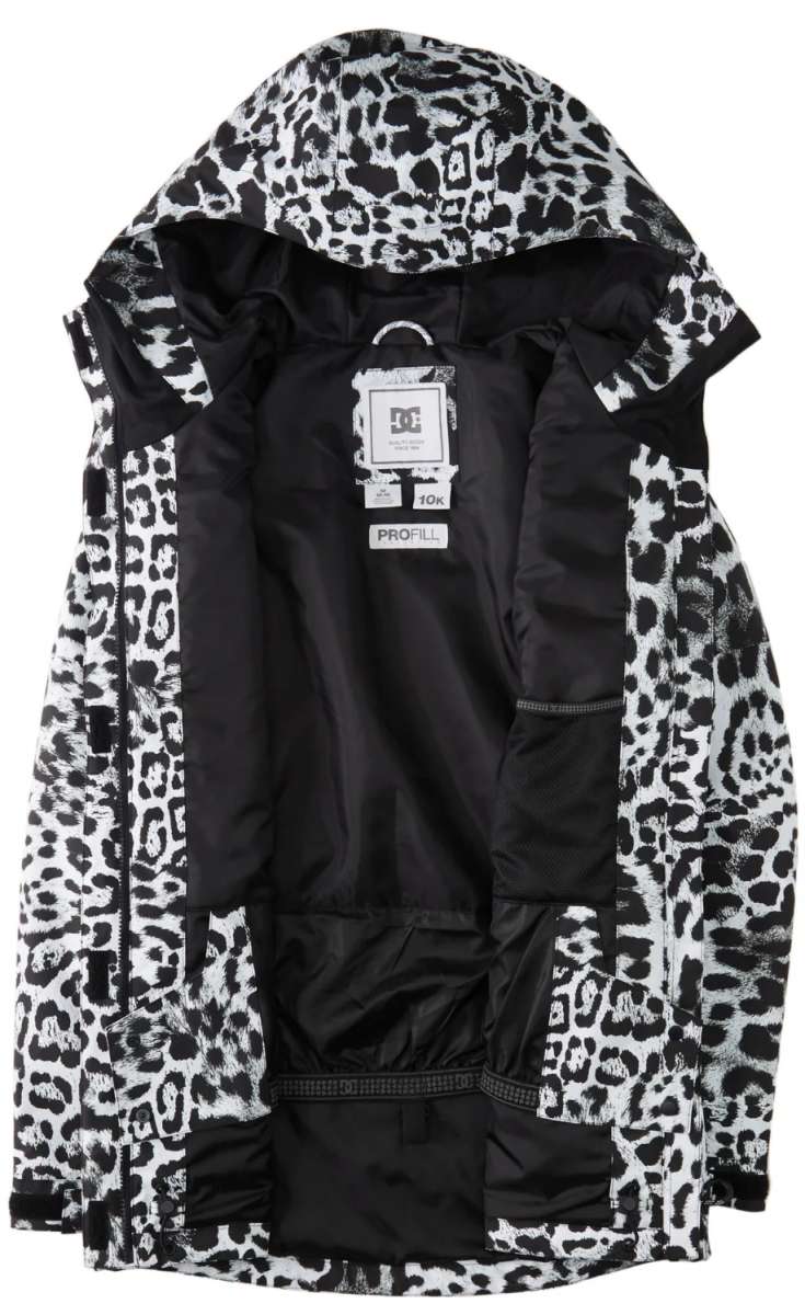 DC Women's Cruiser Insulated Jacket 2024 - A black jacket with a leopard print lining visible inside.